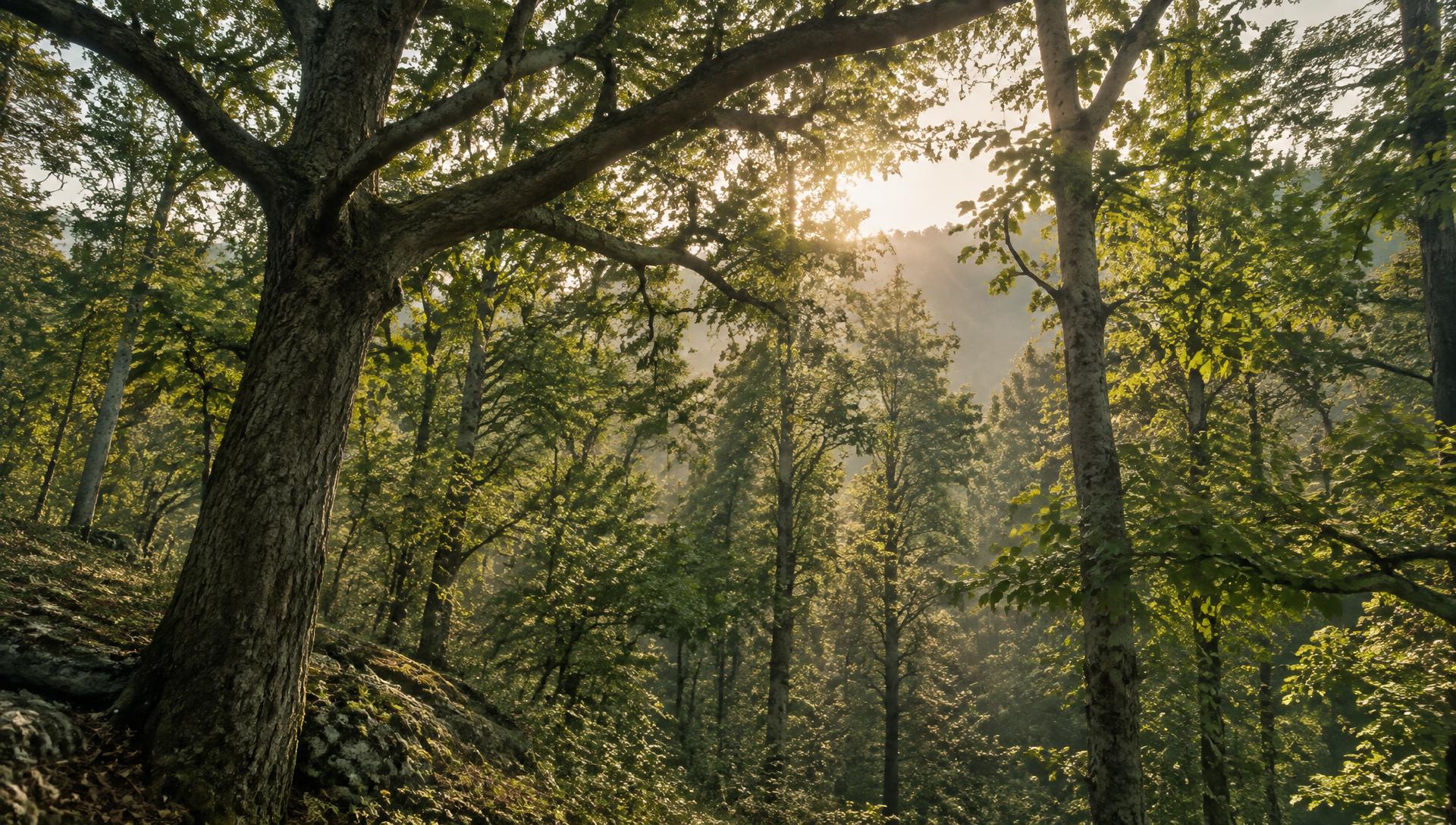 Sunlight filtering through a mature hardwood canopy in a North Georgia forest